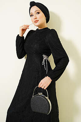 Yandan Bağlamalı Dantelli Abiye Elbise Siyah - BERAT TEKSTİL