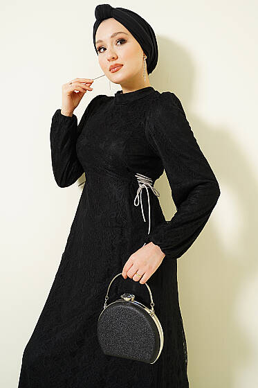 Yandan Bağlamalı Dantelli Abiye Elbise Siyah - Elbise