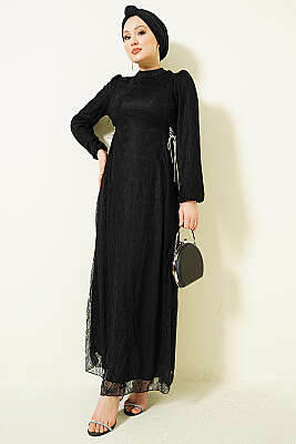 Yandan Bağlamalı Dantelli Abiye Elbise Siyah - Elbise