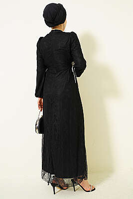 Yandan Bağlamalı Dantelli Abiye Elbise Siyah - Elbise