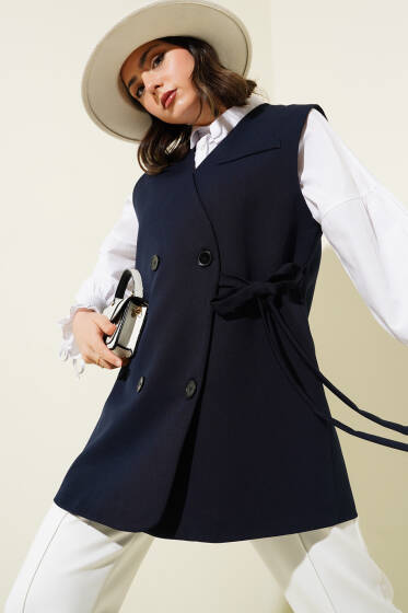 Yandan Bağlamalı Düğmeli Uzun Yelek Lacivert - Yelek