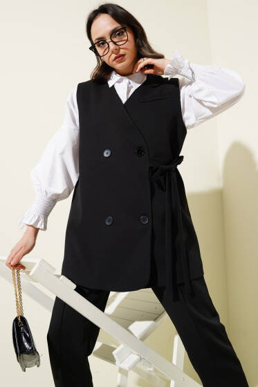 Yandan Bağlamalı Düğmeli Uzun Yelek Siyah - Yelek