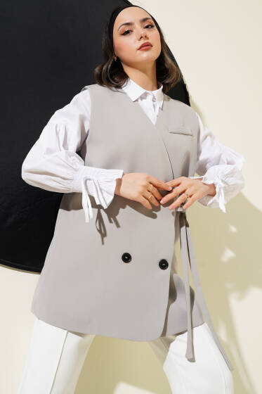 Yandan Bağlamalı Düğmeli Uzun Yelek Taş - Yelek