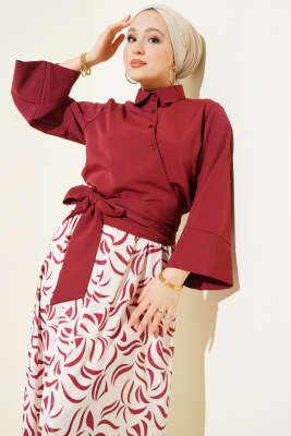 Yandan Bağlamalı Etekli İkili Takım Bordo - İkili Takım