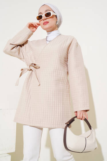Yandan Bağlamalı Kapitone Kimono Bej - Hırka