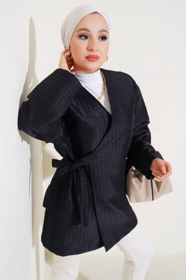 Yandan Bağlamalı Kapitone Kimono Siyah - Hırka
