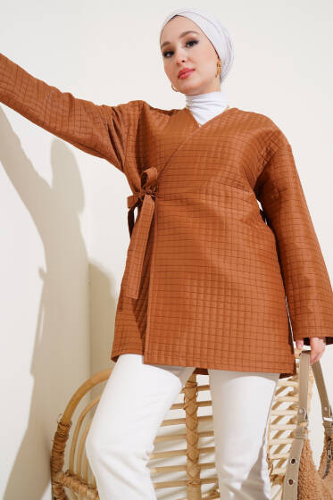 Yandan Bağlamalı Kapitone Kimono Taba - Hırka