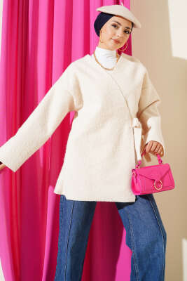 Yandan Bağlamalı Keçe Kimono Bej - TABLO FASHİON