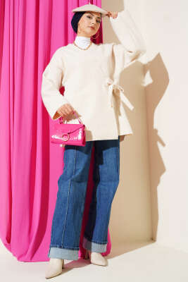 Yandan Bağlamalı Keçe Kimono Bej - Dış Giyim&Mont