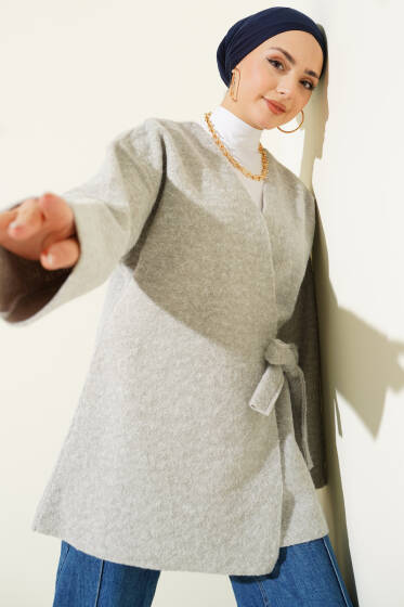 Yandan Bağlamalı Keçe Kimono Gri - Dış Giyim&Mont