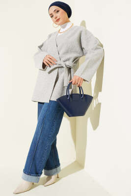Yandan Bağlamalı Keçe Kimono Gri - Dış Giyim&Mont