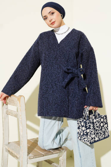 Yandan Bağlamalı Keçe Kimono Lacivert - Dış Giyim&Mont