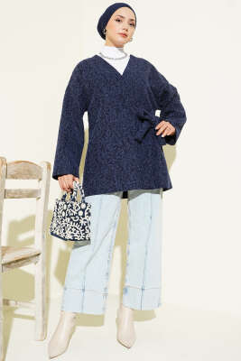 Yandan Bağlamalı Keçe Kimono Lacivert - Dış Giyim&Mont