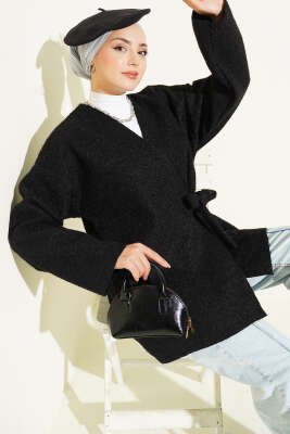 Yandan Bağlamalı Keçe Kimono Siyah - TABLO FASHİON