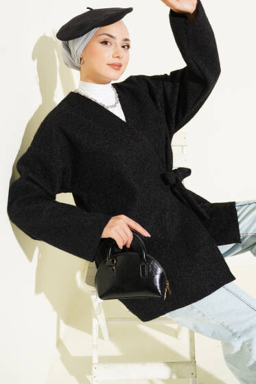 Yandan Bağlamalı Keçe Kimono Siyah - Dış Giyim&Mont