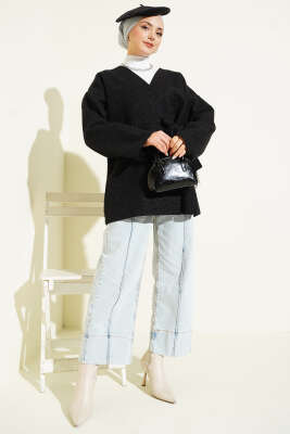 Yandan Bağlamalı Keçe Kimono Siyah - Dış Giyim&Mont