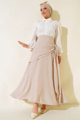 Yandan Bağlamalı Keten Etek Bej - Uzun Etek