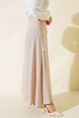 Yandan Bağlamalı Keten Etek Bej - Uzun Etek