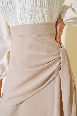 Yandan Bağlamalı Keten Etek Bej - Uzun Etek