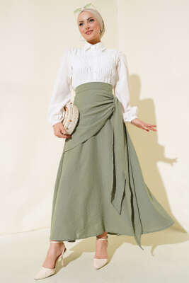 Yandan Bağlamalı Keten Etek Çağla Yeşili - Uzun Etek