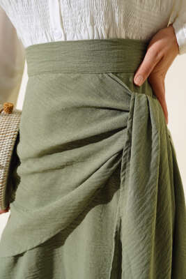 Yandan Bağlamalı Keten Etek Çağla Yeşili - Uzun Etek