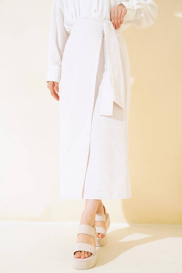 Yandan Bağlamalı Keten Etek Ekru - uzun etek