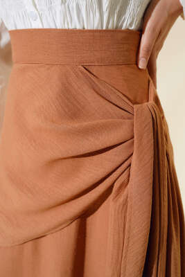 Yandan Bağlamalı Keten Etek Kiremit - Uzun Etek