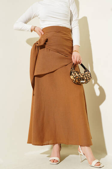 Yandan Bağlamalı Keten Etek Latte - Etek