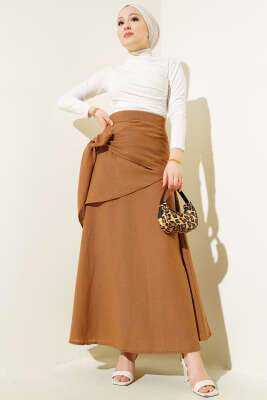 Yandan Bağlamalı Keten Etek Latte - Uzun Etek