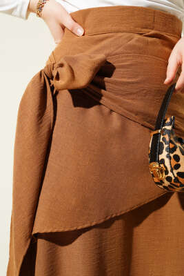 Yandan Bağlamalı Keten Etek Latte - Uzun Etek