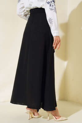 Yandan Bağlamalı Keten Etek Siyah - Uzun Etek