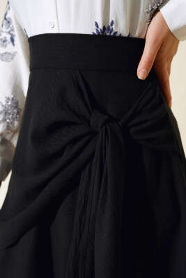 Yandan Bağlamalı Keten Etek Siyah - Uzun Etek