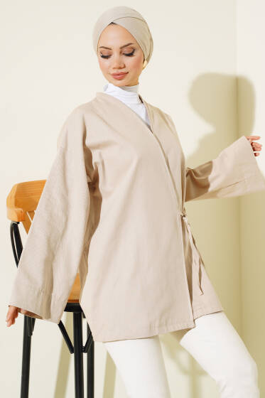 Yandan Bağlamalı Keten Kimono Bej - Dış Giyim&Mont