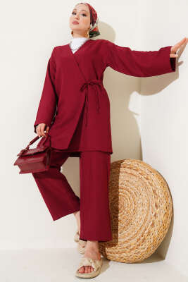 Yandan Bağlamalı Kimono İkili Takım Bordo - İkili Takım