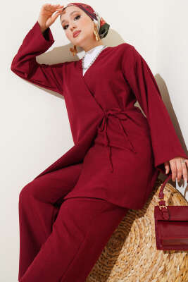 Yandan Bağlamalı Kimono İkili Takım Bordo 