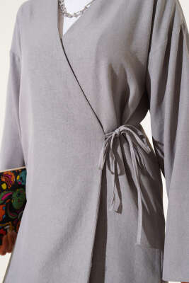 Yandan Bağlamalı Kimono İkili Takım Gri - İkili Takım