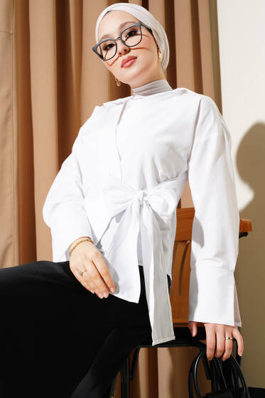 Yandan Bağlamalı Kısa Gömlek Beyaz - Gömlek