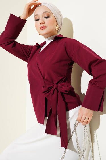 Yandan Bağlamalı Kısa Gömlek Bordo - Gömlek