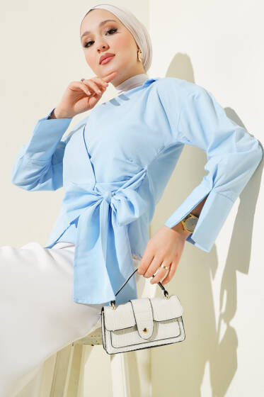 Yandan Bağlamalı Kısa Gömlek Mavi - Gömlek