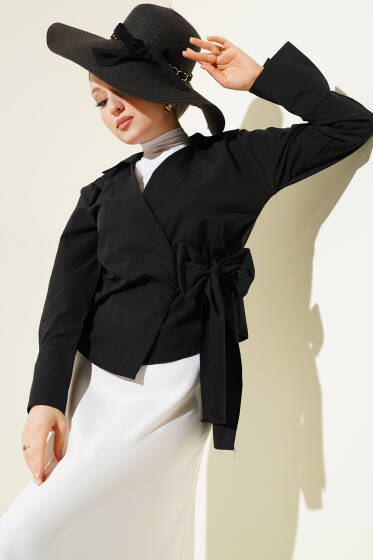 Yandan Bağlamalı Kısa Gömlek Siyah - Gömlek