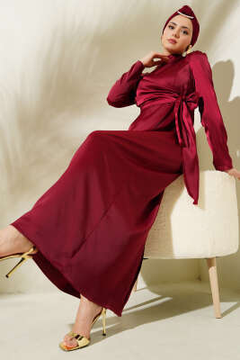 Yandan Bağlamalı Kloş Saten Abiye Elbise Bordo - Tesettür Elbise