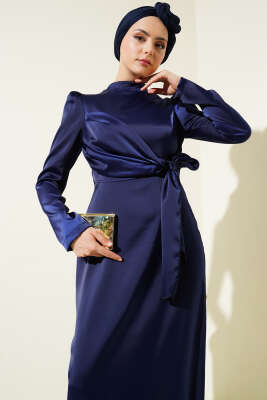 Yandan Bağlamalı Kloş Saten Abiye Elbise Lacivert - Tesettür Elbise