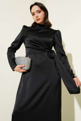 Yandan Bağlamalı Kloş Saten Abiye Elbise Siyah - Tesettür Elbise