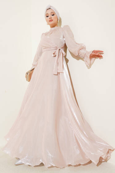 Yandan Bağlamalı Kolları Fırfırlı Abiye Bej - Elbise