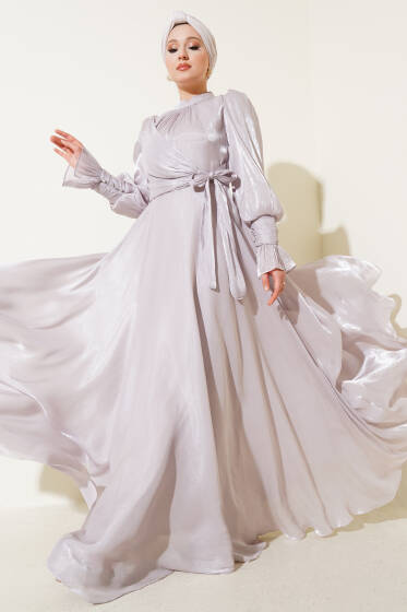 Yandan Bağlamalı Kolları Fırfırlı Abiye Gri - Elbise