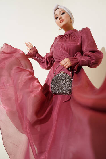 Yandan Bağlamalı Kolları Fırfırlı Abiye Gül Kurusu - Elbise