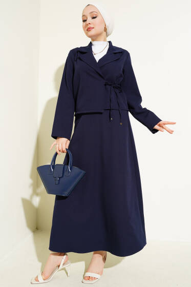 Yandan Bağlamalı Kruvaze Yaka Ceket Takım Lacivert - İkili Takım