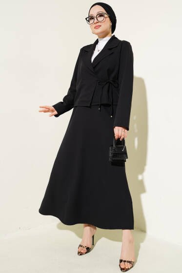 Yandan Bağlamalı Kruvaze Yaka Ceket Takım Siyah - İkili Takım