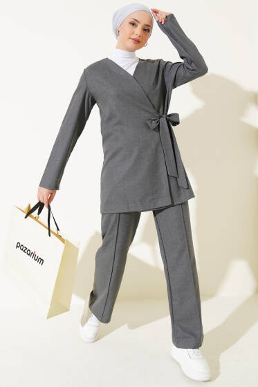 Yandan Bağlamalı Kumaş İkili Takım Füme - İkili Takım