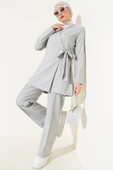 Yandan Bağlamalı Kumaş İkili Takım Gri - İkili Takım